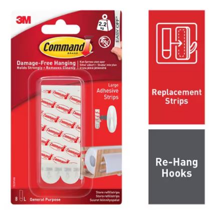 LARGE COMMAND ADHESIVE REFILL STRIPS 3M 17023P (36 PACKS/BOX) 8 STRIPS/PACK
